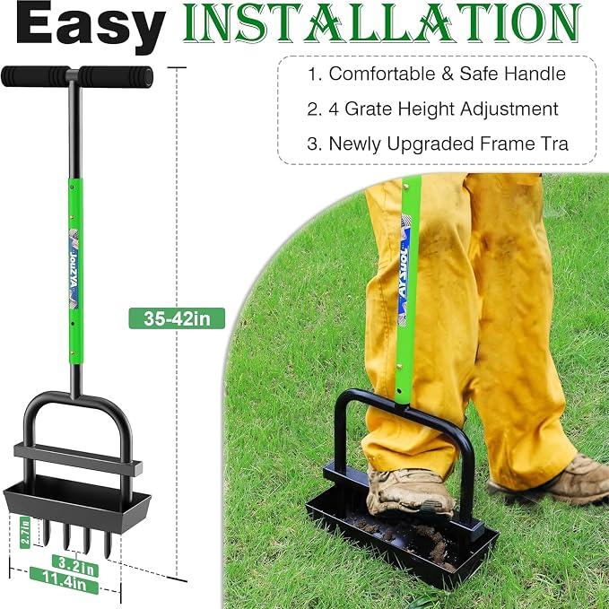 JouZYA Updated Lawn Aerator Tool with Soil Core Collection Tray, Lawn Core Aerator Lawn Tool with 4 Tines Manual Grass Aerator, Spike Lawn Coring Aerator for Yard Lawn Aeration Soil Loosening, Green