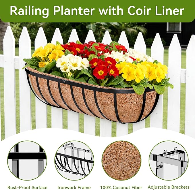 Halatool 24 Inch Railing Planter Box, 2 Pack Window Boxes Planters, Balcony Flower Boxes with Coco Liner & Adjustable Brackets, Trough Planter Box for Outdoor Fence, Deck, Porch & Garden
