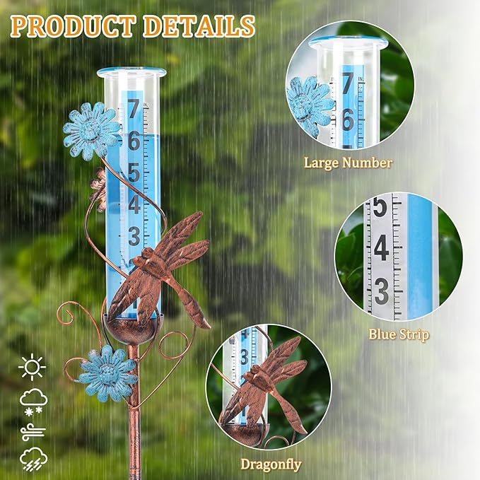 WONDER GARDEN Rain Gauge Outdoor, Decorative Rain Gauges Outdoors Best Rated with Dragonfly and Flower, Freeze Proof Water Rain Measure Gauge for Yard Patio Lawn Garden Decor