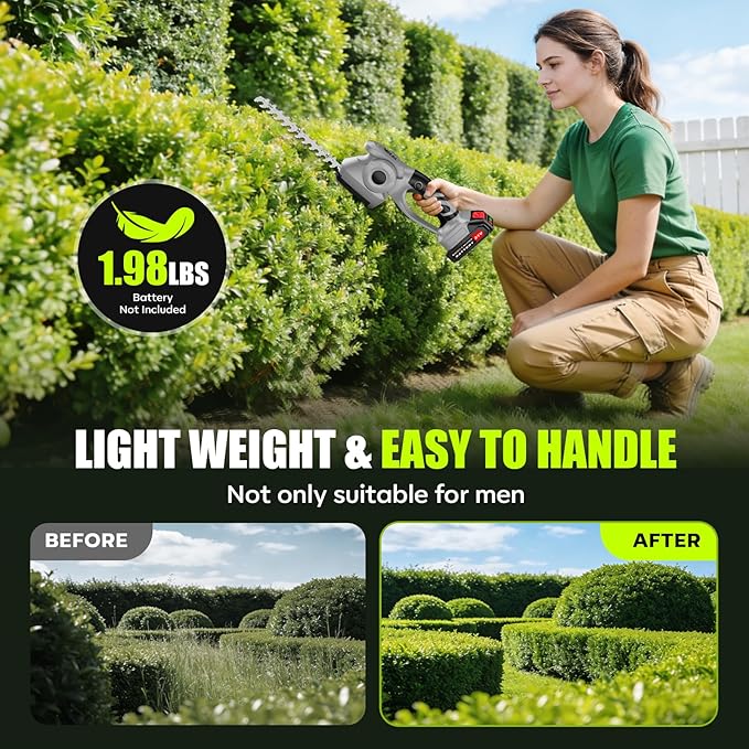 2-in-1 600W Cordless Hedge Trimmer, 21V Battery Operated Trimmer for Bush & Grass, Lightweight Garden Trimmer for Home Use
