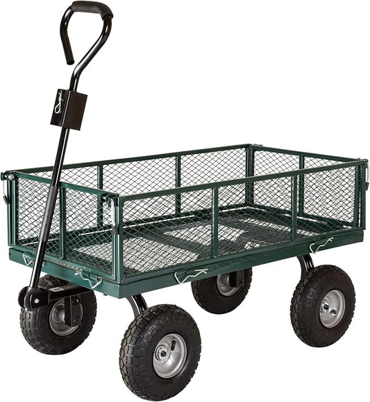Garden Star 70107 Garden Cart/Utility Cart, Hinged/Removeable Sidewalls, Four 10-inch Wheels, Loop Handle with Convertible Hitch Attachment, Steel Powder-Coated Mesh Frame, 700-pound Capacity, Green