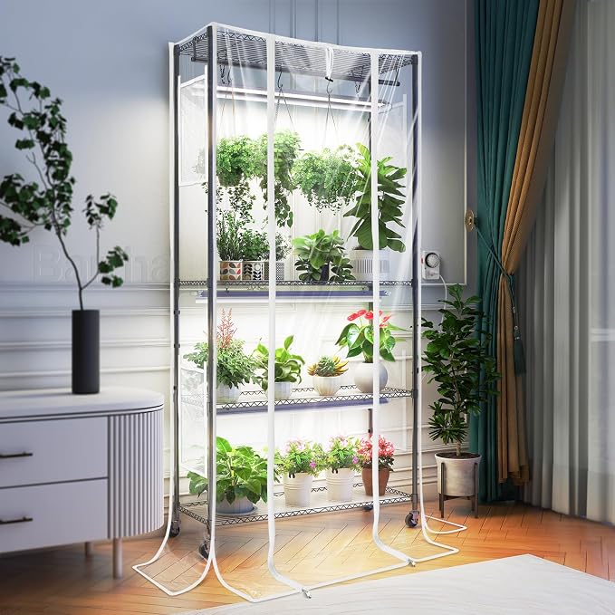 Barrina CX3Z Indoor Greenhouse with Grow Light, Full Spectrum 3FT 108W Plant Growing Lamp, 4-Tier Metal Plant Stand with Zippered EVA Cover, Wheels & Timer, 35.4"x13.8"x70.9"