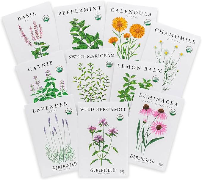 Sereniseed Certified Organic Herbal Tea Seed Collection (10-Pack) – 100% Non GMO, Open Pollinated – Grow Guide