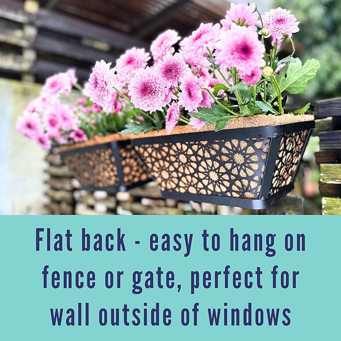 LaLaGreen Window Boxes Planters for Outdoor Plants (12 Inch, 4 Pack) Small and Cute Black Metal Fence Hanging Flower Box Basket with Coco Liner Unique Horse Troughs Balcony Garden Pot Patio Porch Rail
