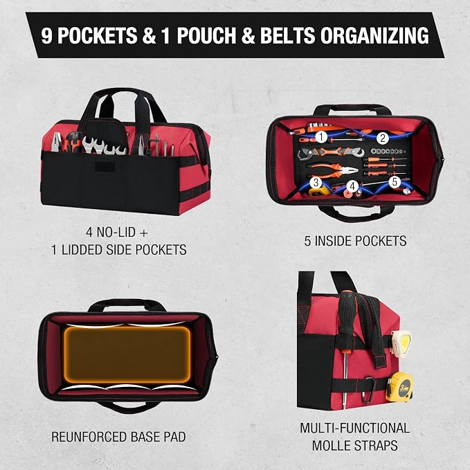 HISEA 3 Pack Heavy Duty Tool Bag with Storage Pockets, 13-Inch Tools Organizer Tote with Wide Base, Waterproof Durable Tool Bags with Zipper for Electrician, Tradesman (Red)