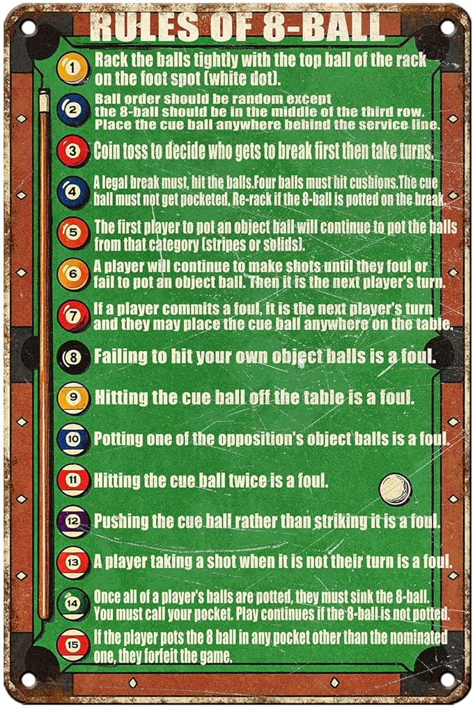 Vintage Pool Table Rules Tin Sign Retro Billiards Wall Decor for Game Room Man Cave Bar Pub Basement Funny Pool Hall Metal Poster Nostalgic Hanging Plaque 12 * 8In