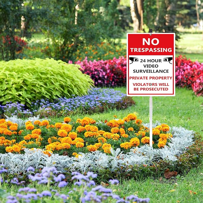 No Trespassing Private Property Sign Yard Sign With Stakes Video Surveillance Reflective Aluminum Yard Signs Rust Free For Lawn Garden Neighborhood (8x12) IN