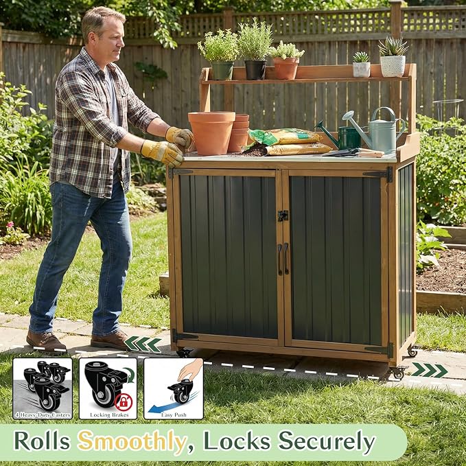 Outdoor Storage Cabinet with 4 Wheels and Handle, Metal & Wood Potting Bench Storage Cabinets with Waterproof Top, Removable Shelf, Potting Table & Workstation for Garden, Patio, Balcony, Garage