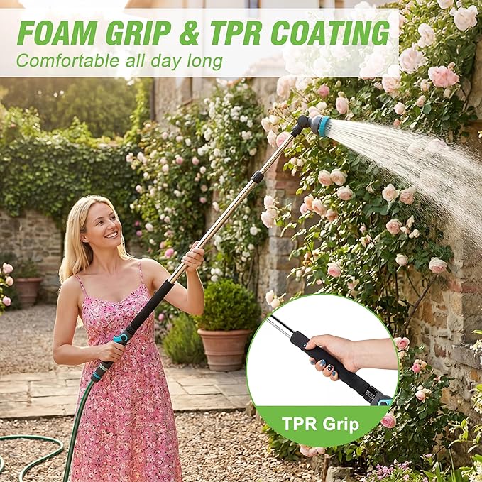 Telescoping Watering Wand 37-55 Inch, 9-Pattern Heavy Duty Garden Hose Nozzle with Pivot Head and Thumb Flow Control, Metal Extendable Wand for Hanging Baskets Shrubs Car Washing