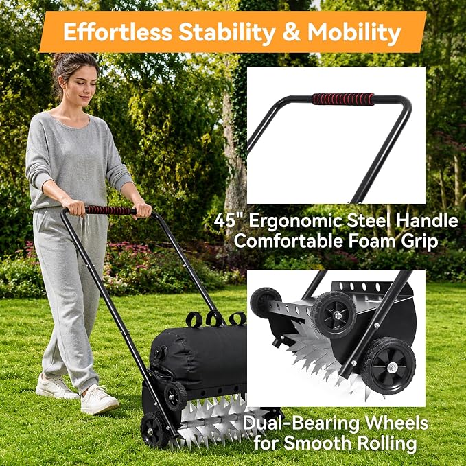 Push Spike Aerator, Heavy Duty Lawn Aerator with 4 Wheels, Rolling Manual Yard Tool with Weight Tray and Steel Handle for Compacted Soil, Garden and Grass Maintenance (22.5-Inch)