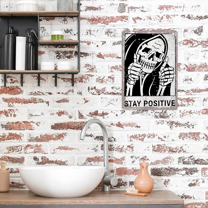 KBKBART Vintage Stay Positive Skull Sign Metal Tin Sign Wall Décor Funny Retro Sign for Home Living Room Bedroom Halloween Decor Gifts - 8x12 Inch