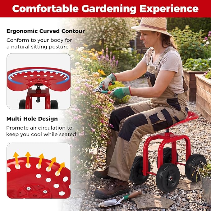 Rolling Garden Seat, Garden Cart with 360° Swivel Work Seat & Adjustable Height, Heavy Duty Garden Seat with Wheels for Lawn Yard Patio Greenhouse Planting Cleaning (Red)
