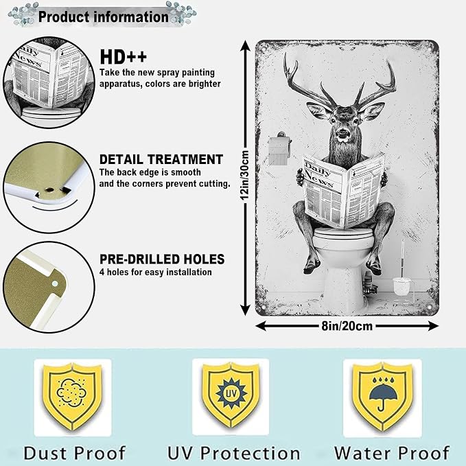 Deer Metal Tin Sign Funny Toilet Vintage Sign for Perfect Black and White Bathroom Decor 12 * 8in