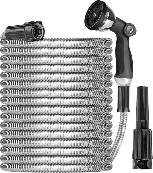 Metal Garden Hose 50ft Heavy Duty Stainless Steel Water Hose with Sprayer & Metal Fittings Flexible Lightweight Hose Puncture Proof Hose for Yard, Outdoors, Rv