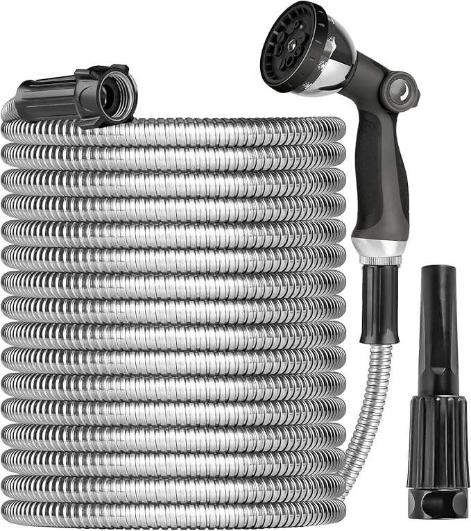 Metal Garden Hose 150ft Heavy Duty Stainless Steel Water Hose with Sprayer & Metal Fittings Flexible Lightweight Hose Puncture Proof Hose for Yard, Outdoors, Rv
