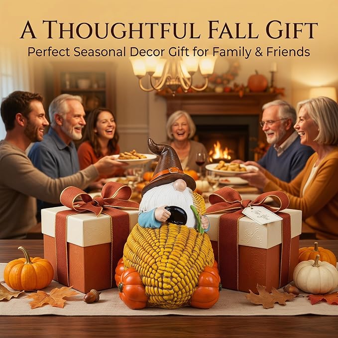 Topadorn Fall Gnome Corn Car Figurine, Resin Harvest Gnome Statue with Pumpkin Wheels, Thanksgiving Table Decoration, Farmhouse Autumn Decor for Indoor & Outdoor
