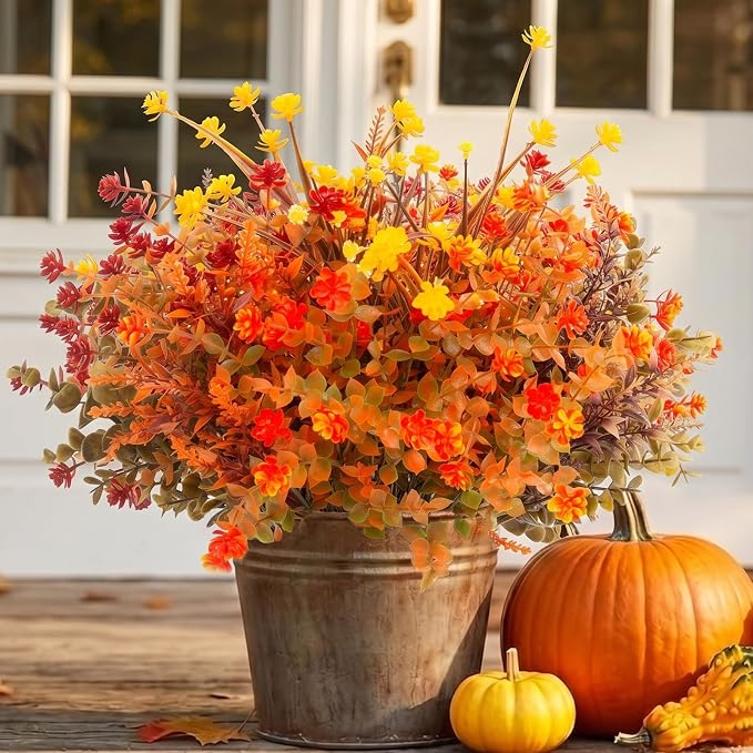 Hananona 24 Pcs Artificial Fall Flowers Outdoor, Faux Artificial Plants UV Resistant Plastic Autumn Flower for Hanging Planter Front Door Porch Window Home Decor (24, Orange)