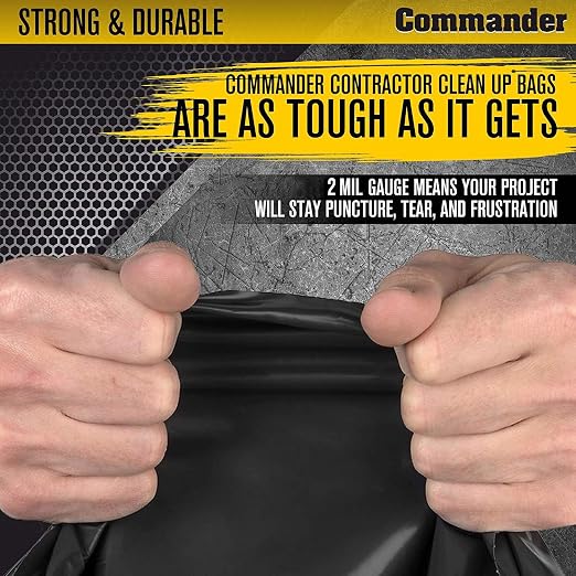 Commander 55 Gallon 2 MIL (eq) Heavy Duty Contractor Bags with Flap Ties - 36" x 56" with flaps - Pack of 20 - For Contractor, Industrial, & Outdoor
