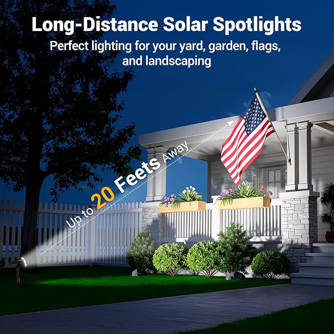 Solar Spot Lights Outdoor Waterproof IP65, Super Bright LEDs with Lens, 6500K 2 Lighting Modes, 2 in 1 Auto On/Off Solar Powered Spotlights for Outside Landscape Holiday Decor, 4 Pack