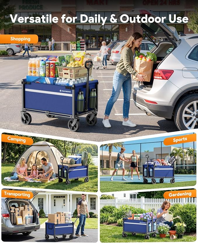 Wagons Carts Foldable, Collapsible Wagon Cart Foldable, 220LBS Heavy Duty Folding Wagon Carts with Wheels, Portable Utility Cart for Grocery Sports Garden Shopping Camping, Blue