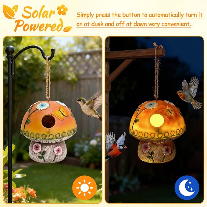 Smadeer Solar Birdhouse for Outdoor Hanging, Mushroom Bird House with Lights Outside, Resin Garden Statue Decorative Nesting Box for Chick Blue Bird Hummingbird Woman Gifts for Yard Patio