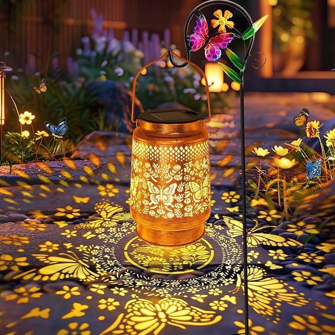 Solar Lanterns Outdoor Butterfly Garden Decor, Birthday Gifts for Women Mom Grandma, Waterproof Metal Hanging Solar Lights LED Decoration with Shepherd Hook Outside for Yard Patio Lawn Porch