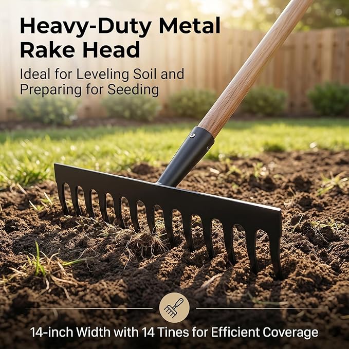 Heavy-Duty Metal Rake Head, 14-Tine Rake Head for Lawn Care, Replacement Rake Head for Leveling Soil and Clearing Debris
