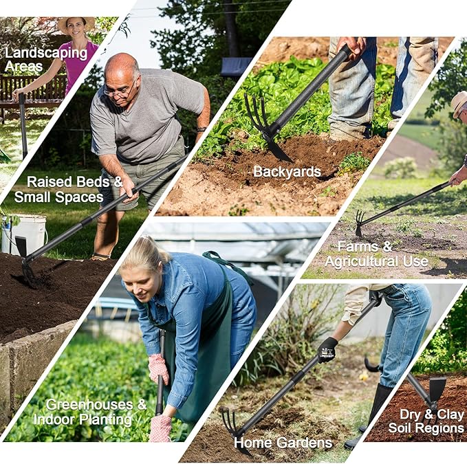 Heavy Duty 2-In-1 Garden Hoe with 3 Tine Cultivator Rake, Carbon Steel Sharp Weeding Tool with 45"Adjustable Handle For Weed Removal & Soil Loosening In Raised Beds, Flower & Vegetable Gardens