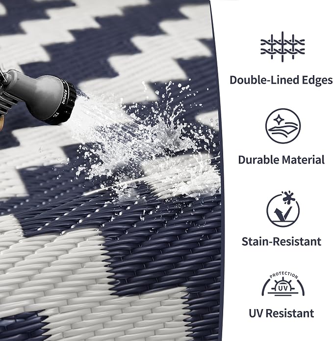 GENIMO Outdoor Rug for Patio Clearance,6'x9' Waterproof Mat,Reversible Plastic Camping Rugs,Rv,Deck,Porch,Camper,Balcony,Backyard (Navy Blue & White)