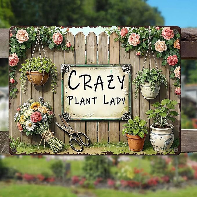 PEACHGARDEN Garden Signs Gardening Wall Decor For Woman Gift Crazy Plant Lady Metal Sign Wall Art Decor For Garden Yard Patio Plant Room Greenhouse 12x16 inch