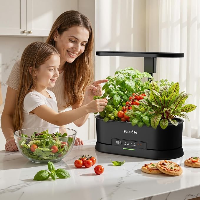 SUNCOZE Hydroponics Growing System Kit with Split Tank, Dimmable 36W Full Spectrum LED Grow Light, 12 Pods Indoor Herb Garden with Timer & Clock Smart Pane, 21.65 Inch Height Adjustable Herb Garden
