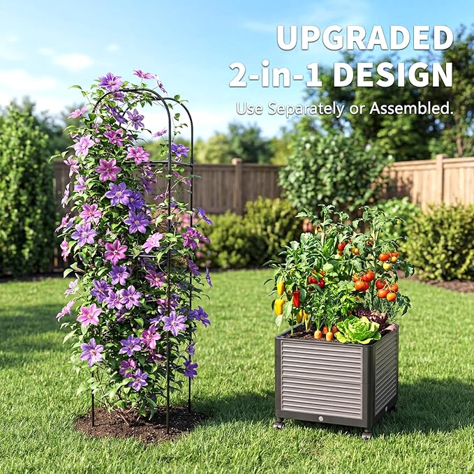 Raised Garden Bed Planter Box with Trellis, 61''H Tomato Planters for Climbing Plants Vegetable Vine Flowers Outdoor Patio Tomato Cage, Self Watering Planter with Wheels