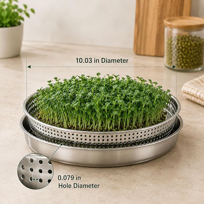2 Pack Stackable Sprouting Trays with Mesh Lids, 304 Stainless Steel Soil-Free Sprouter Kit for Microgreens Broccoli Alfalfa Bean Seeds