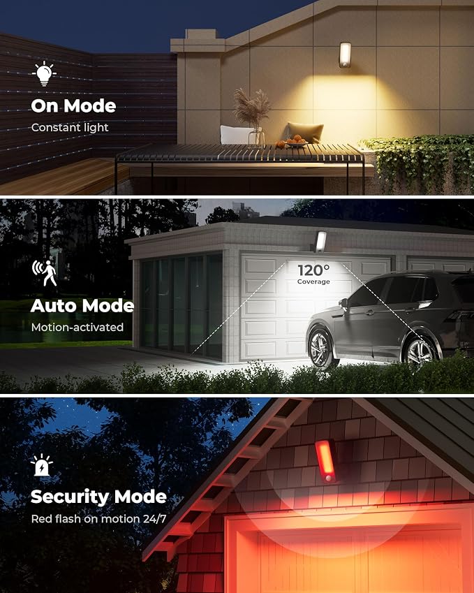 PopoIron Motion Sensor Outdoor Lights, 10000mAh Battery Operated Outdoor Lights with Remote, 3 Modes with Red Alert, Dimmable & 3CCT, Rechargeable Outdoor Security Lights for Porch, Backyard, Garage