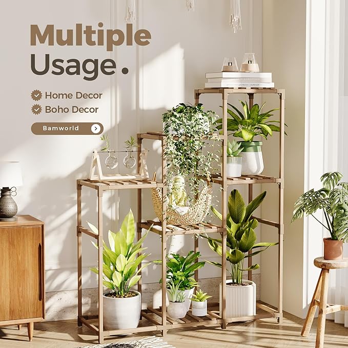 Bamworld Tall Plant Stand Indoor Wood Shelf Outdoor Tiered Rack for Multiple Flowers 5-Tier 7-Pot Ladder Holder for Plant Pots Gardening Decor