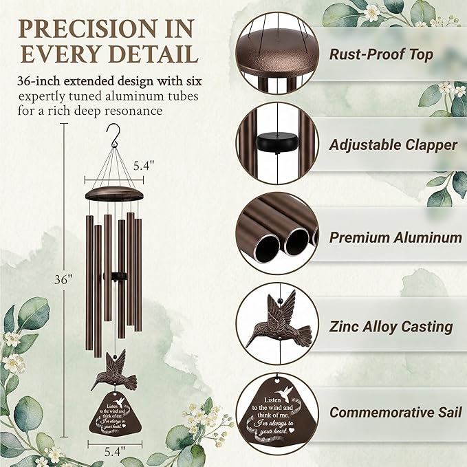 36" Memorial Wind Chimes for Outside, Sympathy Gift for Loss of Loved One, Hummingbird Wind Chime for Mom Dad, Bereavement Remembrance Funeral Condolence Gift