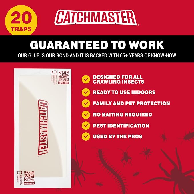 Catchmaster XL Extra-Strength Centipede & Spider Glue Traps 20-PK, Adhesive Bug Catcher, Spider, Cricket, Ant & Roach Traps for Home, Bulk Insect Glue Boards for House & Garage, Pest Control for Home