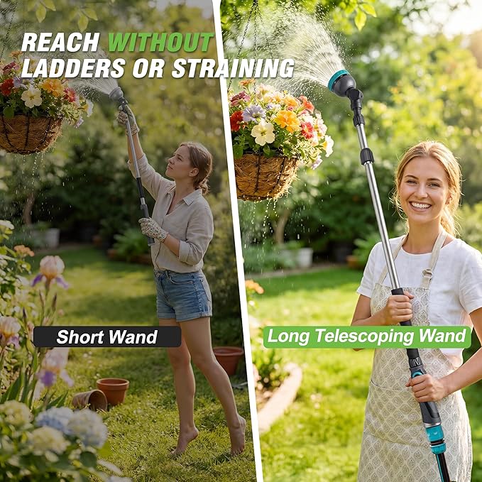 Telescoping Watering Wand 37-55 Inch, 9-Pattern Heavy Duty Garden Hose Nozzle with Pivot Head and Thumb Flow Control, Metal Extendable Wand for Hanging Baskets Shrubs Car Washing