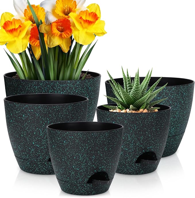 YNNICO Plant Pots 10/9/8/7.5/7 inch, Self Watering Planters with Drainage Holes & Saucers for Indoor and Outdoor Plants (Green Speckles)