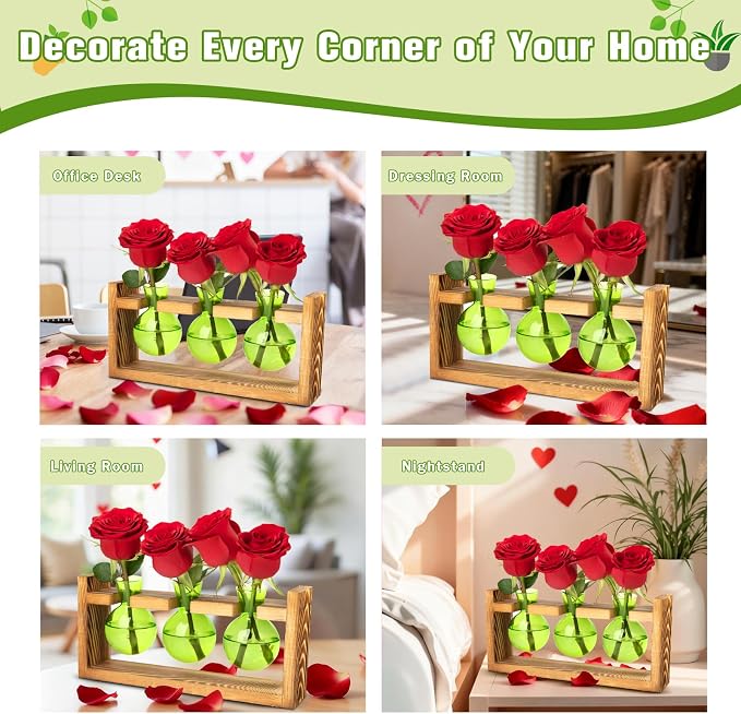 XXXFLOWER Glass Plant Terrarium Propagation Station, Gifts for Mom Plant Lovers Wife Daughter, 3 Bulb Glass Vase Plant Terrarium Tabletop for Hydroponics Home Office Indoor Decor (Green)