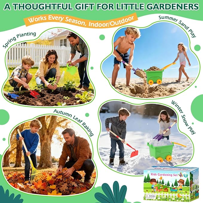 FHOZGECY Kids Gardening Set with Wheelbarrow, Metal Gardening Tools with Apron, Gloves, Watering Can, Repotting Mat, Flower Pots, Outdoor Backyard Play Learning Toys for Boys Girls Ages 3-8