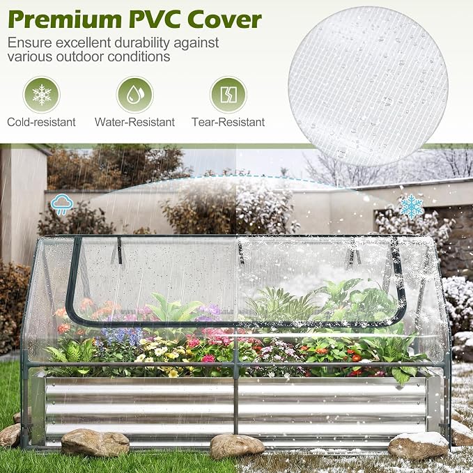 Giantex 3-in-1 Metal Raised Garden Bed with Greenhouse Cover, 6x3x3 FT Galvanized Elevated Outdoor Planter Box with Roll-Up Windows, Open Base Grow Box for Vegetables, Flowers and Herbs, Silver