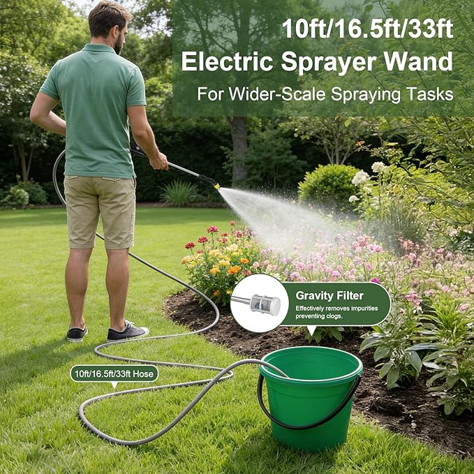 DZ Duozhan Electric Garden Sprayer Kit: Portable Rechargeable with Choice of 3 Hose Lengths (9.8/16.4/32.8ft), Telescopic Wand & Adjustable Nozzles for Yard Lawn Plant Watering and Cleaning
