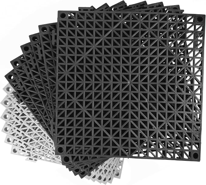 MYFAMIREA Modular Interlocking Cushion 12 Pack 11.8" x 11.8" Rubber Floor Tiles Non-Slip Splicing Drainage Mats for Deck, Pool, Outdoor Shower, Patio, Balcony, Indoor Bathroom, Kitchen (Gary Black)