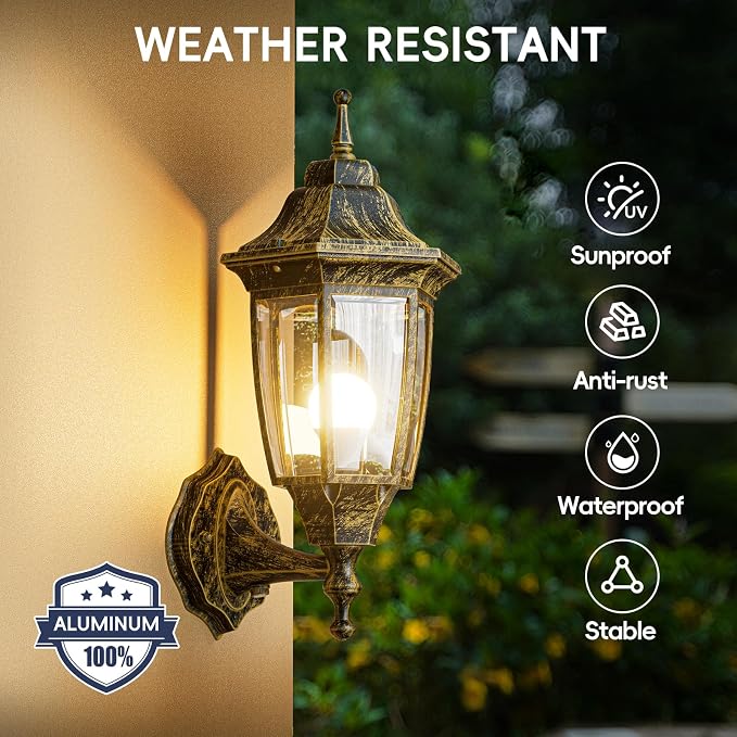 EMART Dusk to Dawn Outdoor Porch Light, Exterior Anti-Corrosion, Waterproof Aluminum & Glass Shades Wall Lamp Fixture, Modern Sconce Lantern for Yard, House, Garage - 2 Pack, Gold （Bulb Included）
