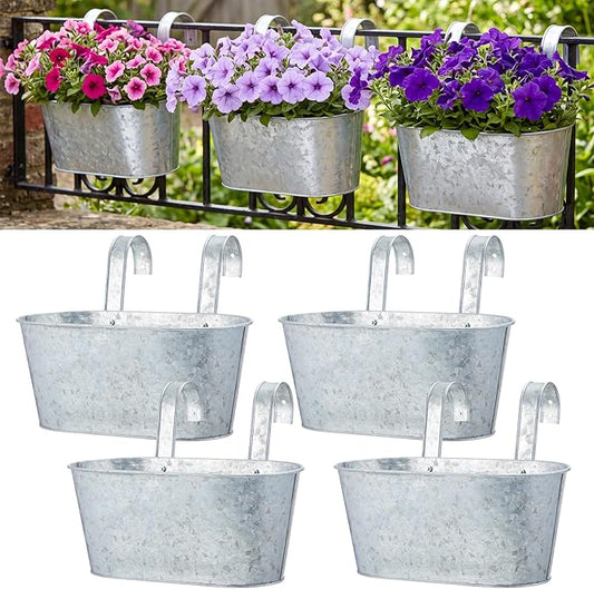 Hicarer Metal Hanging Flower Pots for Railing Fence, Large Hanging Rail Planters for Outdoor Window Balcony Plants Holder with Hooks for Garden Yard Home Decor(Silver,4 Pcs)