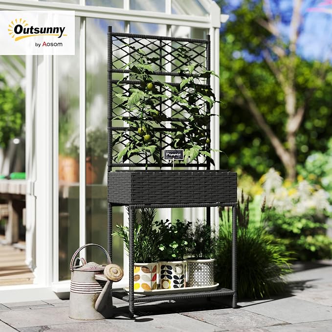 Outsunny Raised Garden Bed with Trellis, Outdoor Wicker Planter, Freestanding Rattan Planter Stand with Storage Shelf for Climbing Plants, Flowers, Herbs, Vegetables, Black