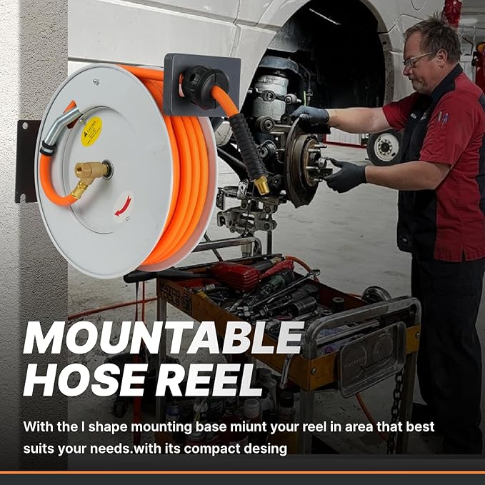 Retractable Air Hose Reel, 3/8 IN x 50FT Hybrid Air Hose Max 300 PSI, Air Compressor Hose Reel with 5 ft Lead in, Ceiling/Wall Mounted Air Hose Reel,Heavy Duty Air Tool