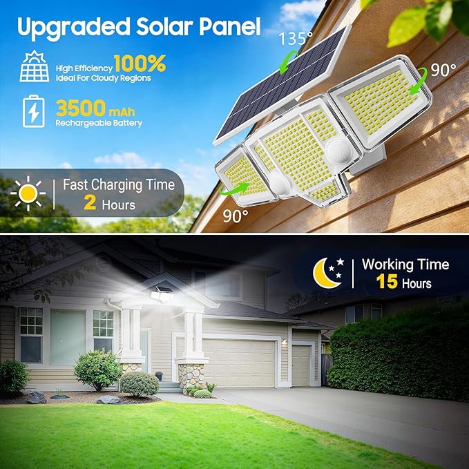 2026 Solar Flood Lights 4000LM, Dual Motion Sensor Solar Lights Outdoor Waterproof, Curved 300° Wide Beam & Large 3500mAh Adjustable Solar Security Lights for Yard-1Pack White