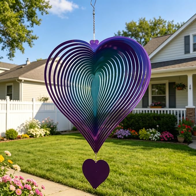 DJUAN 15in Large Heart Wind Spinner Garden Decor,Gifts for Women,Mom and Grandma,Mother's Day,Birthdays, Purple-Green Stainless Steel Hanging Yard Art Outdoor & Indoor Decorations